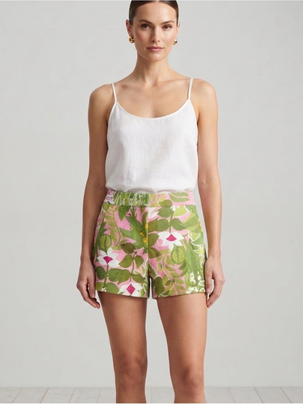 Floral Print Linen Blend Women’s Shorts in Green and Pink Corbin 2 Sz 00